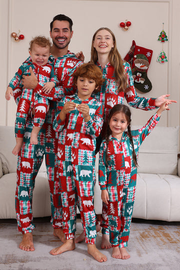 Conjunto de pijama familiar con capucha navideña con bloques de color rojo y verde